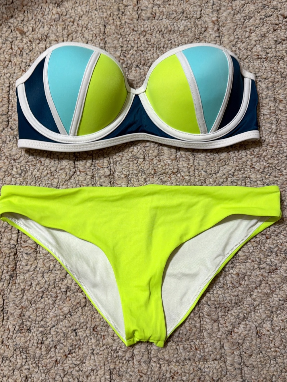 PINK Victoria's Secret Neon Lime & Aqua Colorblock Bandeau Bikini